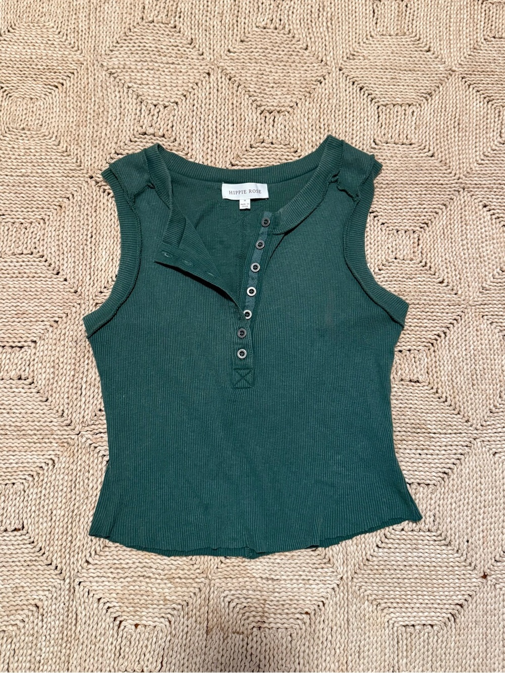 Hippie Rose Ribbed Henley Tank Top in Forest Green- Cotton Blend, Size Medium